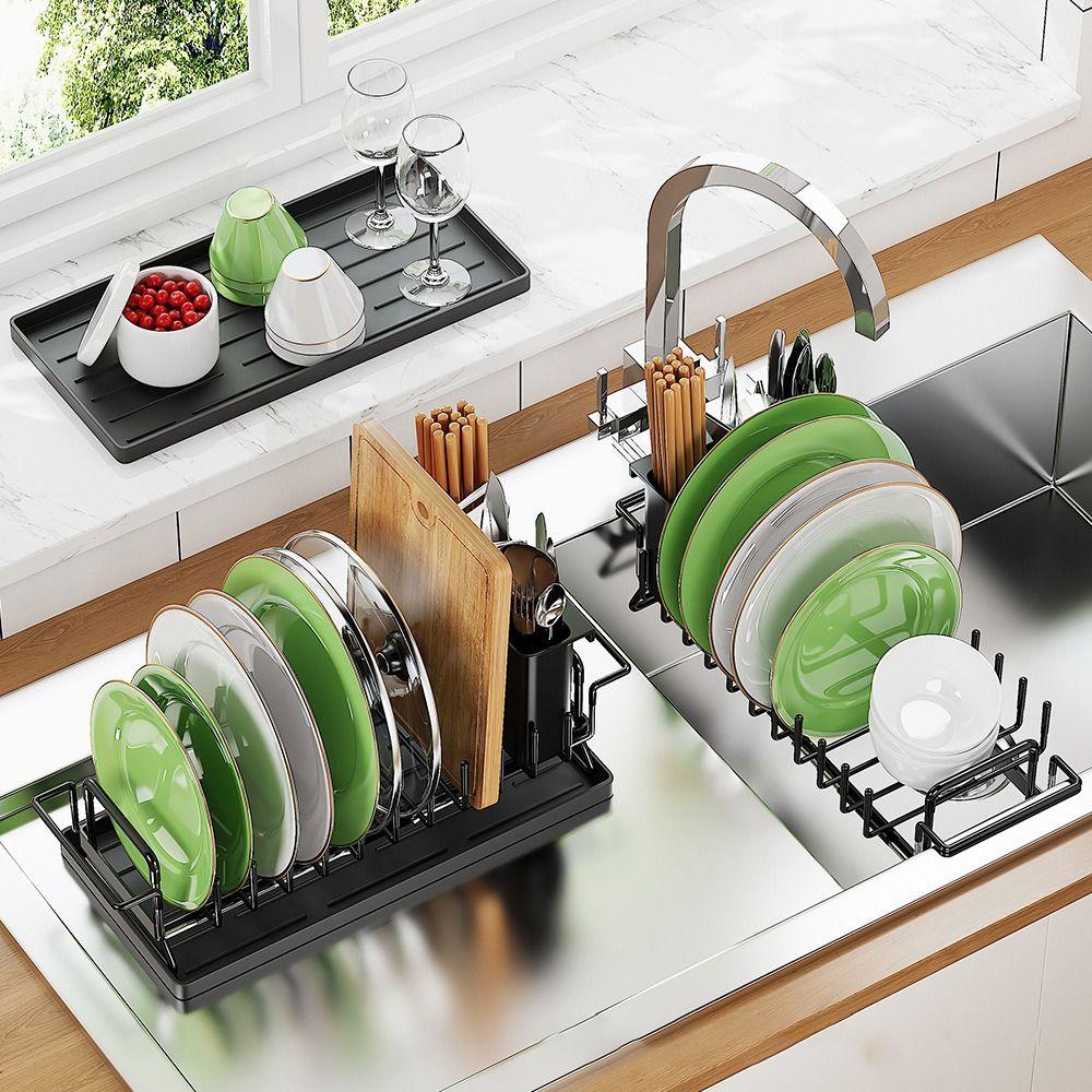 Extendable Bottom Tray Dish Drainboard Space-Saving Kitchen Tableware Organizer  Spoon