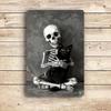 Whimsical Skull Cat Wall Decor Black White 8x12 Inch Tin Sign Easy Install Home Office