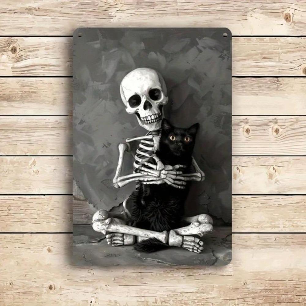 Whimsical Skull Cat Wall Decor Black White 8x12 Inch Tin Sign Easy Install Home Office