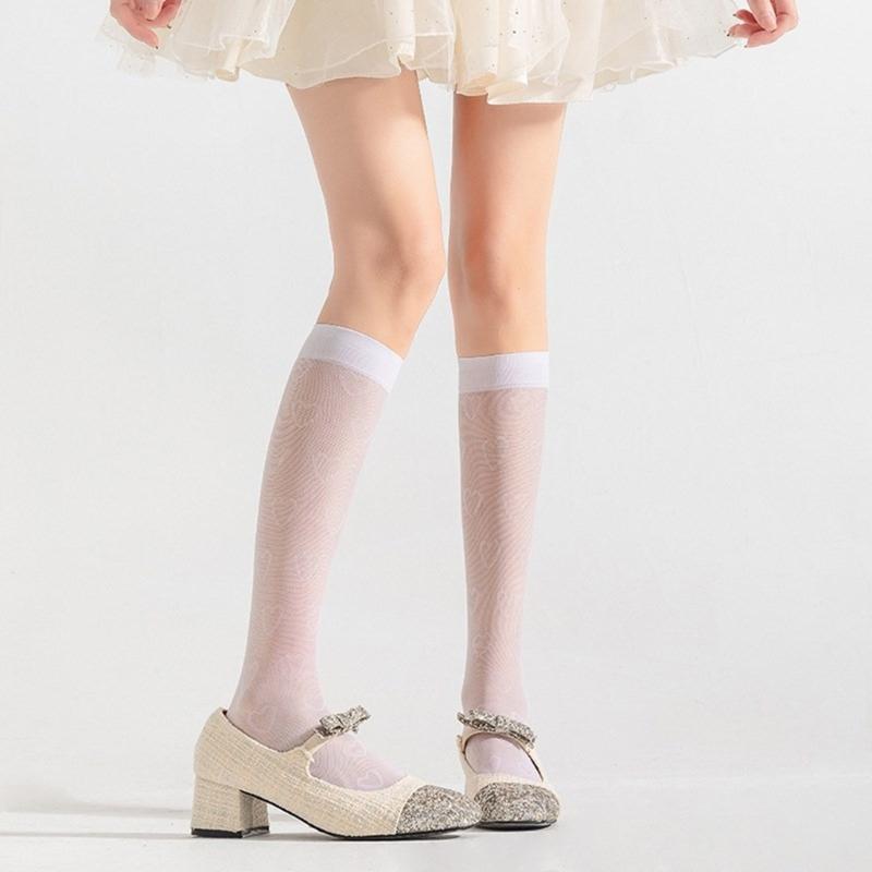 Women Japanese Style Summer Cute Heart Pattern Thin Silk Over Calf Long Socks