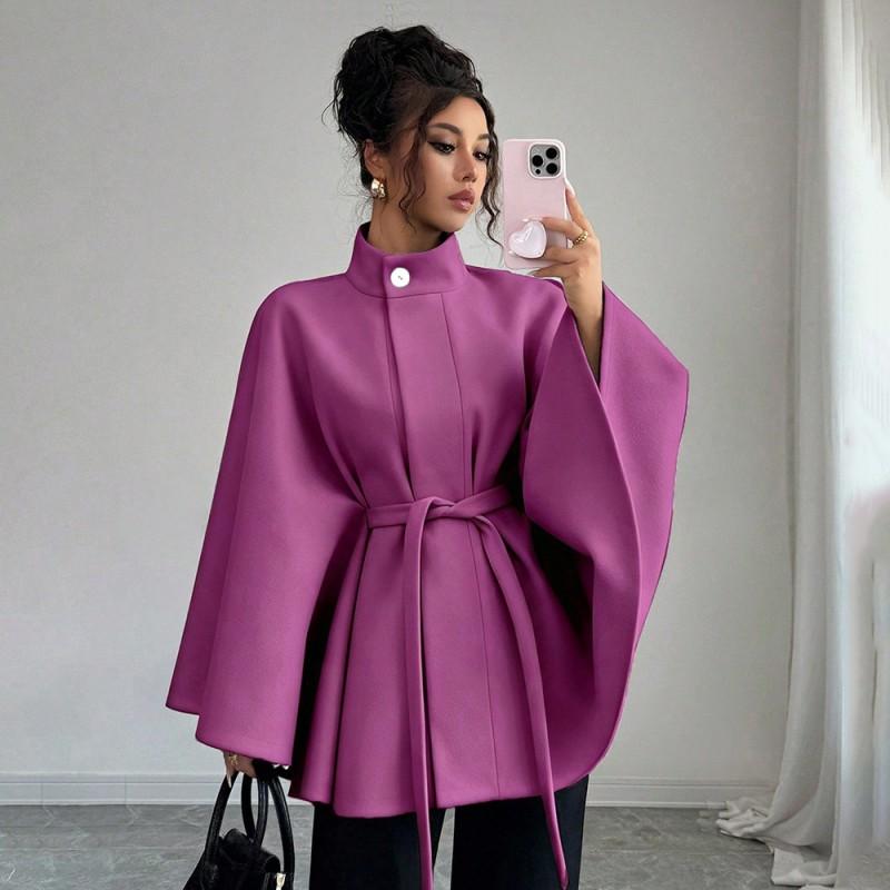 Manteau Cape Élégant pour Femme en Laine Mélangée à Col Montant Ceinture à Nouer Garniture en Fourrure de Lapin Vêtement d'Hiver