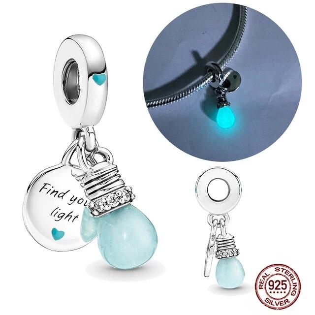 Charms FitFashion 925 Silver Original Bracelet Luminous Firefly Butterfly Turtle Feather Blue Eyes Beads DIY Daily Jewelry Gift