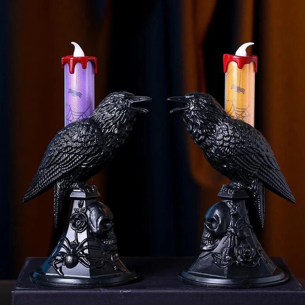1 Pcs Halloween Black Crow Luminous Statue Candlestick Candle Lamp Home Decoration Desk Lamp Horror Festival Party Decoration