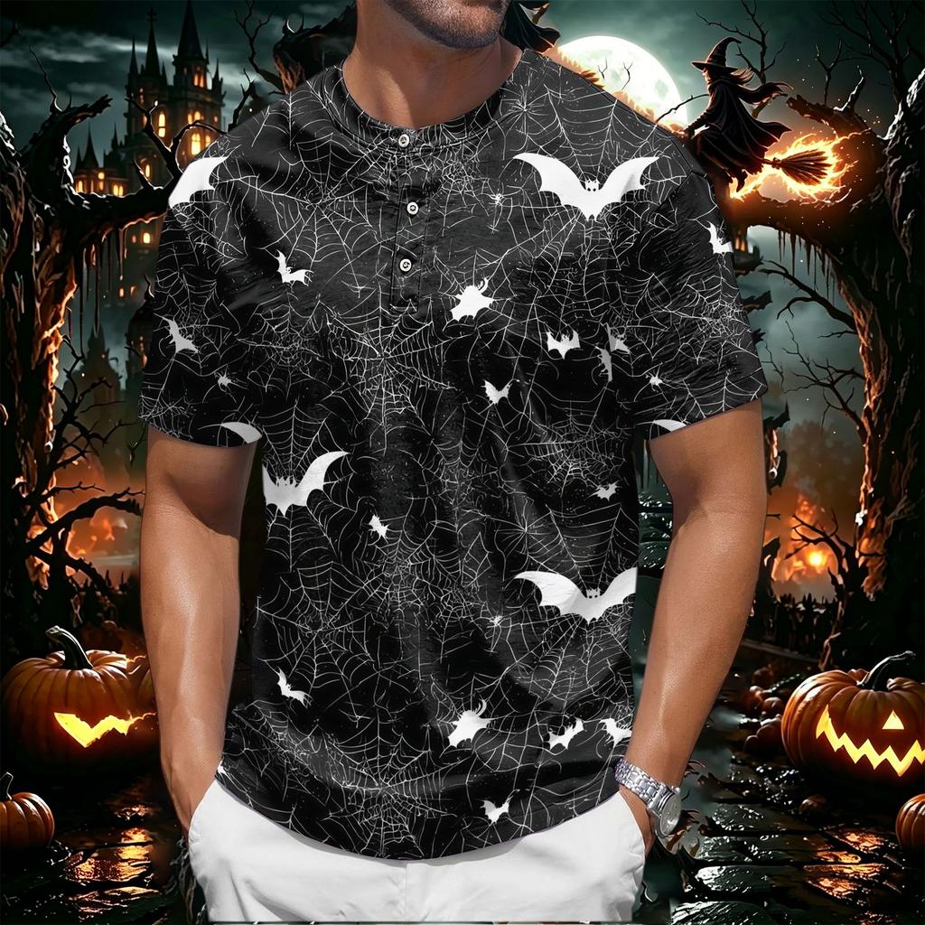 Men's Halloween Print Short Sleeve Henley Shirt Casual Round Neck Top with Button Detail Lightweight Breathable Fabric