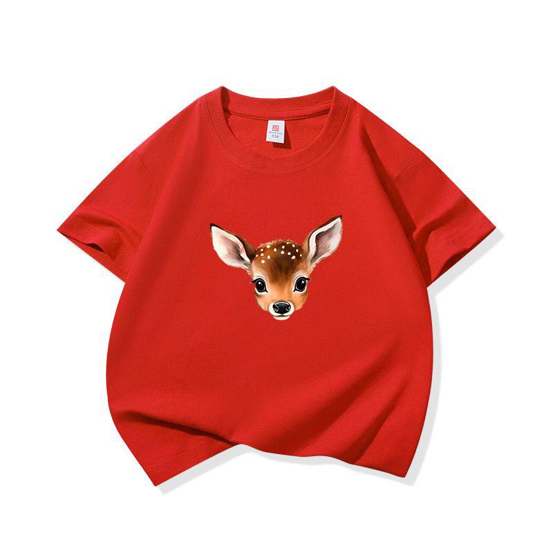 Kids Cotton T Shirt Cute Peeking Deer Print Crew Neck Short Sleeve Tee Casual Breathable Boys Girls Summer Tops