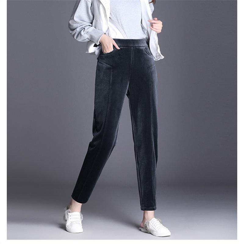 Autumn Winter Women Solid Color Pant Casual Elastic High Waist Straight Leg Trousers LooseCorduroy Warm Thick Haren Pants Female