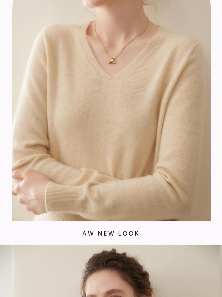 Women's V-Neck Cashmere Long Sleeve Sweater - Autumn/Winter Knitwear Pullover