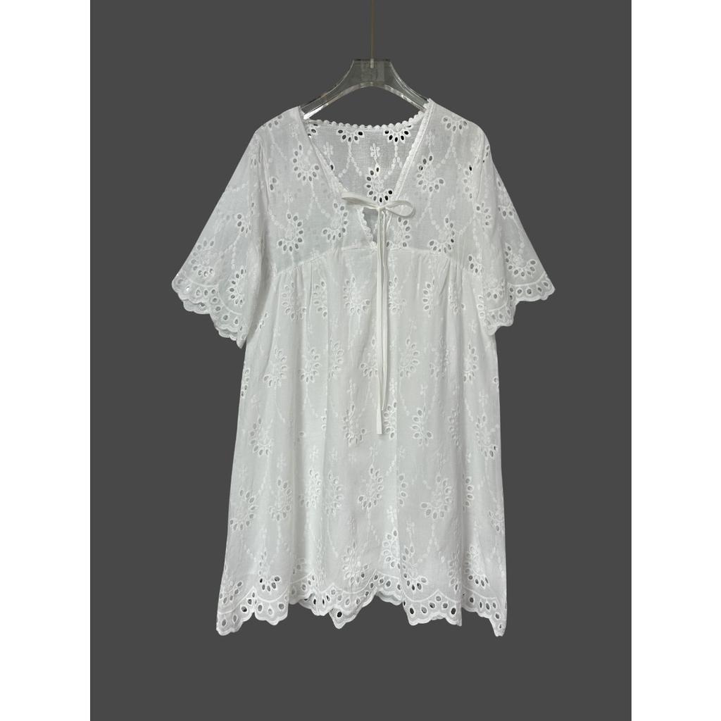 Abito Camicia Casual da Donna Nuova Collezione Primavera Estate, Ampio, con Ricamo e Bordi in Pizzo Trasparente, Taglie Forti per Esportazione Transfrontaliera