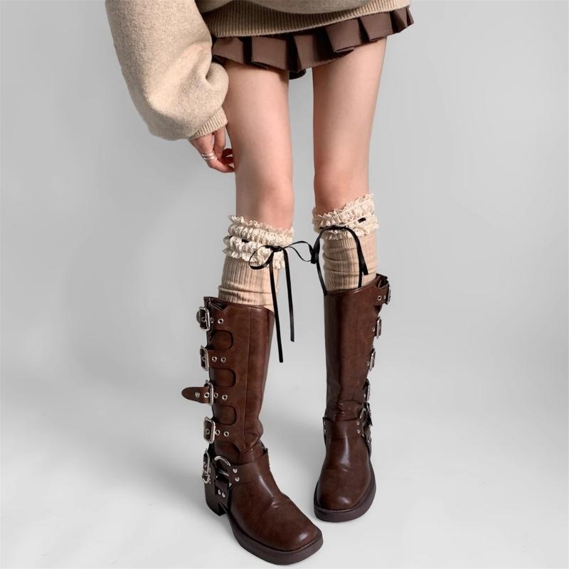 Women Japanese Student Winter Warm Cotton Over Knee Long Socks Elegant Ruffled Lace Top Bowknot Thigh High Stockings
