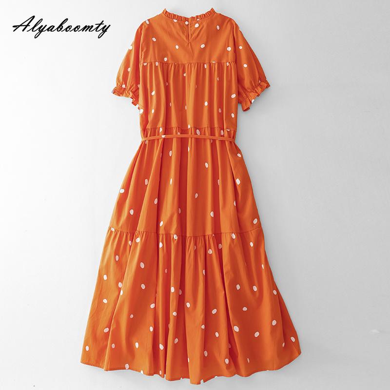 Japanese Mori Girl Summer Women Baggy Midi Dress O Neck Polka Dot Print Lace Up Dress Short Sleeve Cotton Loose Vintage Dress