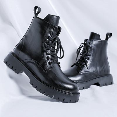 Lässige Leder Herren High Top Schuhe Dicke Sohle Herren Motorradstiefel Schnürung Einfarbig Mid-Calf Stiefeletten Warmes Plüschfell Schuhwerk