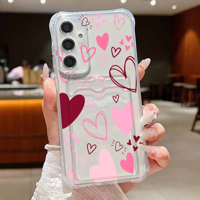 Pink Love Heart Leaves Print Clear Phone Case For Samsung Galaxy S26 S25 S24 S23 S22 Ultra S25 Edge S24 FE Card Bag Wallet Cover
