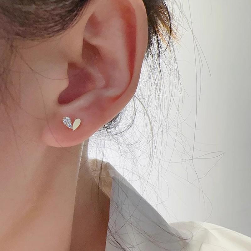 Real 925 Sterling Silver Delicate Simple Inlaid Zircon Heart Stud Earring For Women Girls Wedding Party Gift Jewelry