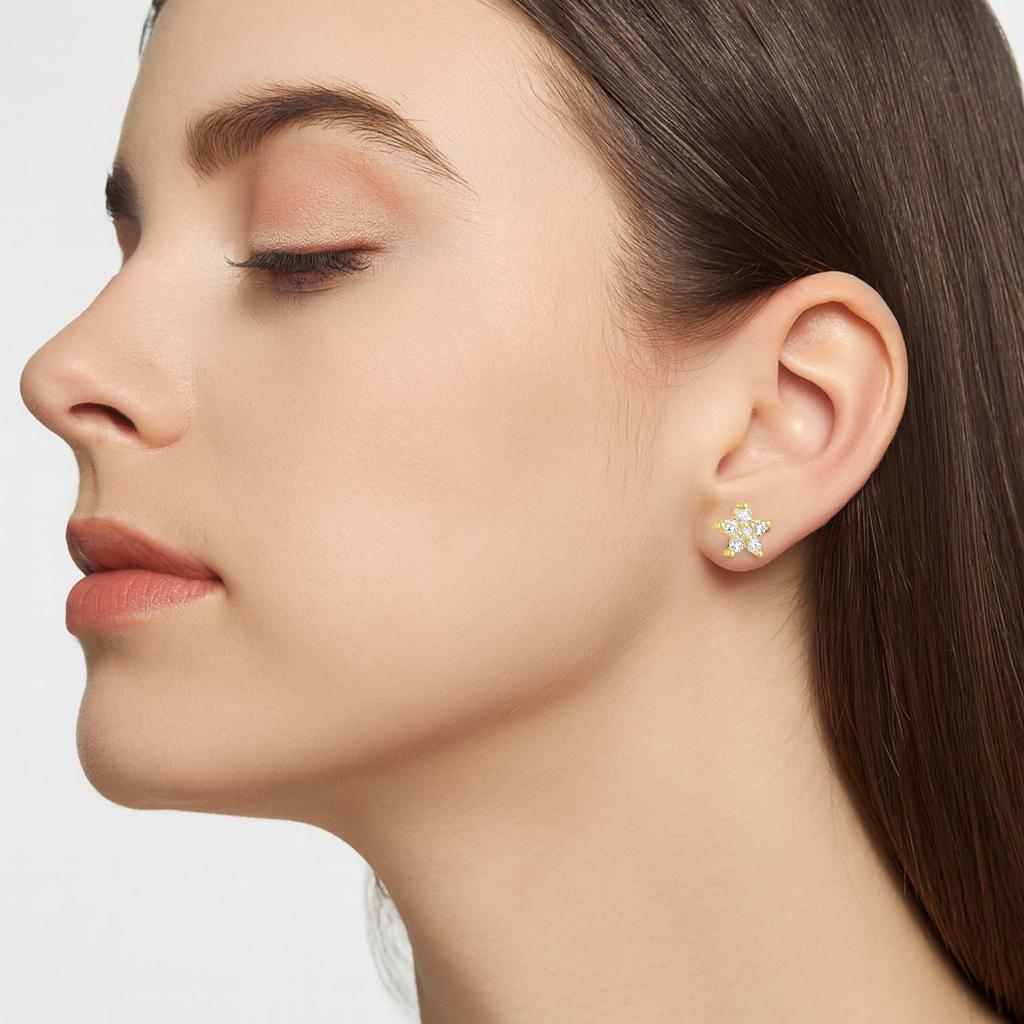 Classic Floral Cluster Stud Earrings - 925 Sterling Silver Yellow Plated