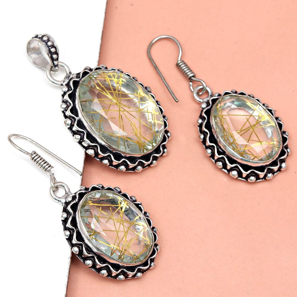 Rutile  Golden Set Earring Jewelry 18-20'' Pendant Quartz Sterling