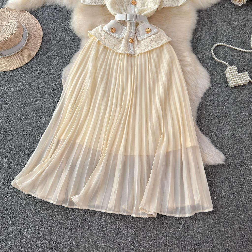 Summer Women Elegant Lace Chiffon Patchwork Party Dresses with Belt