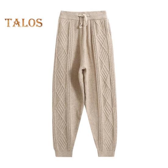 Women Harem Pants Elastic High Waist Adjustable Drawstring Knitting Pants Solid Color Loose Fit Rhombus Texture Long Trousers