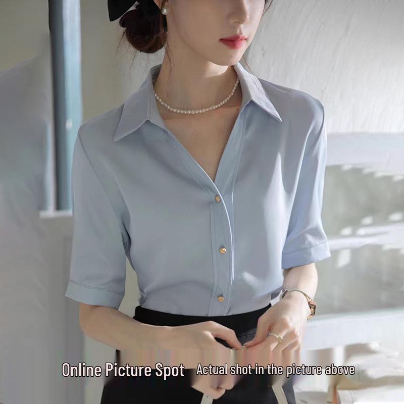 Women's Blue V-Neck Short Sleeve Professional Shirt for Interviews and Workwear