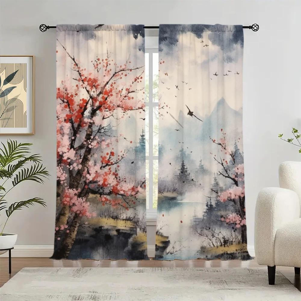 2pcs Landscape Painting Printed Curtain for Home Decor - Rod Pocket Window Treatment for Bedroom, Office, Kitchen, Living Room