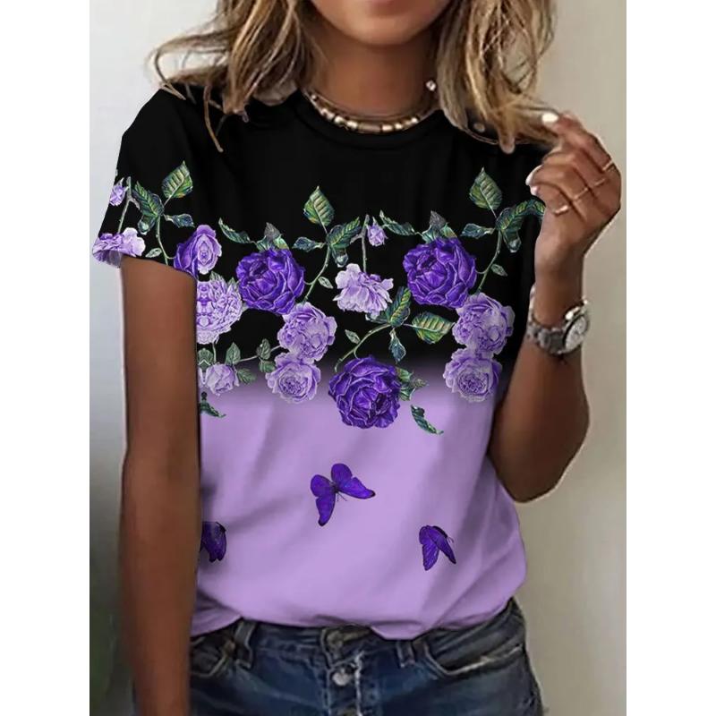 Fashion Women's Crew Neck T-Shirt 3D Flower Color Printing Short Sleeve