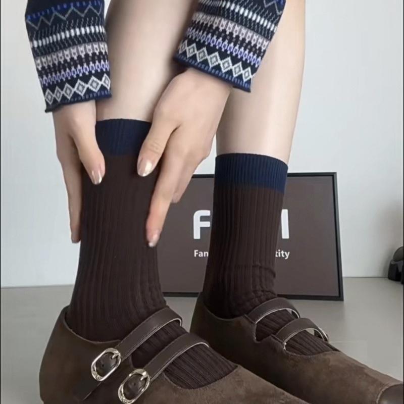 

Женские осенне-зимние носки в стиле ретро, все виды высоких носков-гольф, хлопковые носки с махрой 1 pair темно-синий/кофейный