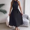 Ärmelloses Sommer-Faltenkleid A-Linie Lässig Einfarbig Locker Party Schnürung Elegante Kleider Mode Midi Süß Stehkragen Urlaubsbekleidung