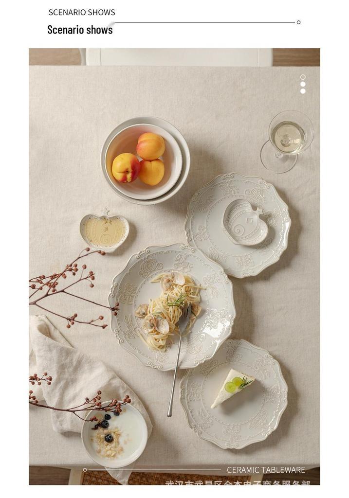 European-Style Embossed French Ceramic Tableware Set: Dinner, Soup, Bowl & Vegetable Plates, Saucers