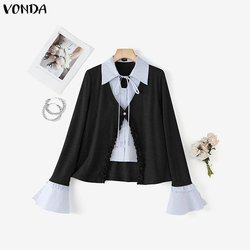 VONDA Women V-Neck Fake Two Piece Patchwork Long Sleeve Casual Blouse M чёрный