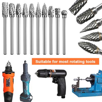 10Pcs Long Shank Carbide Rotary Burr File 1/8 Inch Shank Rotary Tool Rasp File for Metal Welds Carving Cutting Engraving Porting