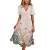Women's Casual V Neck Short Sleeve Floral Print Midi Dress Wrap Style Lightweight Summer Dress with Tie Waist