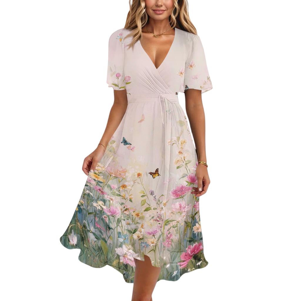 Women's Casual V Neck Short Sleeve Floral Print Midi Dress Wrap Style Lightweight Summer Dress with Tie Waist