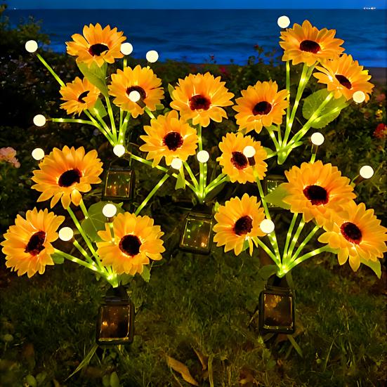 Solar Sunflower Garden Light, Waterproof Outdoor Lawn Lamp with Firefly LED Lights, Automatic On/Off Solar Powered Landscape Lamp Patio Walkway