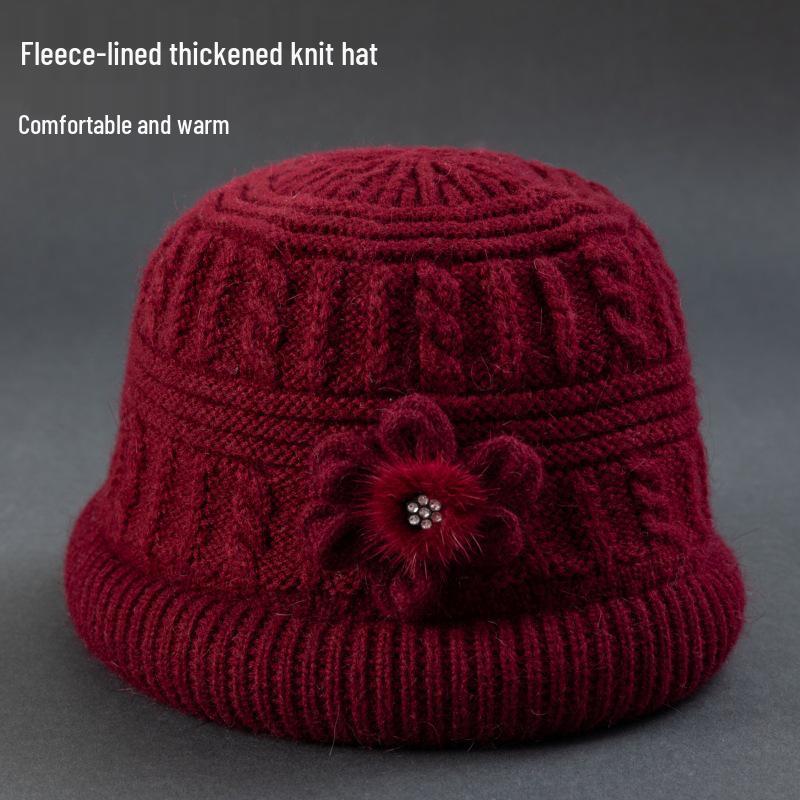 Thickened Woolen Fisherman Hat for Middle-Aged & Elderly Women - Warm, Velvet-Lined, Knitted Hat for Autumn & Winter