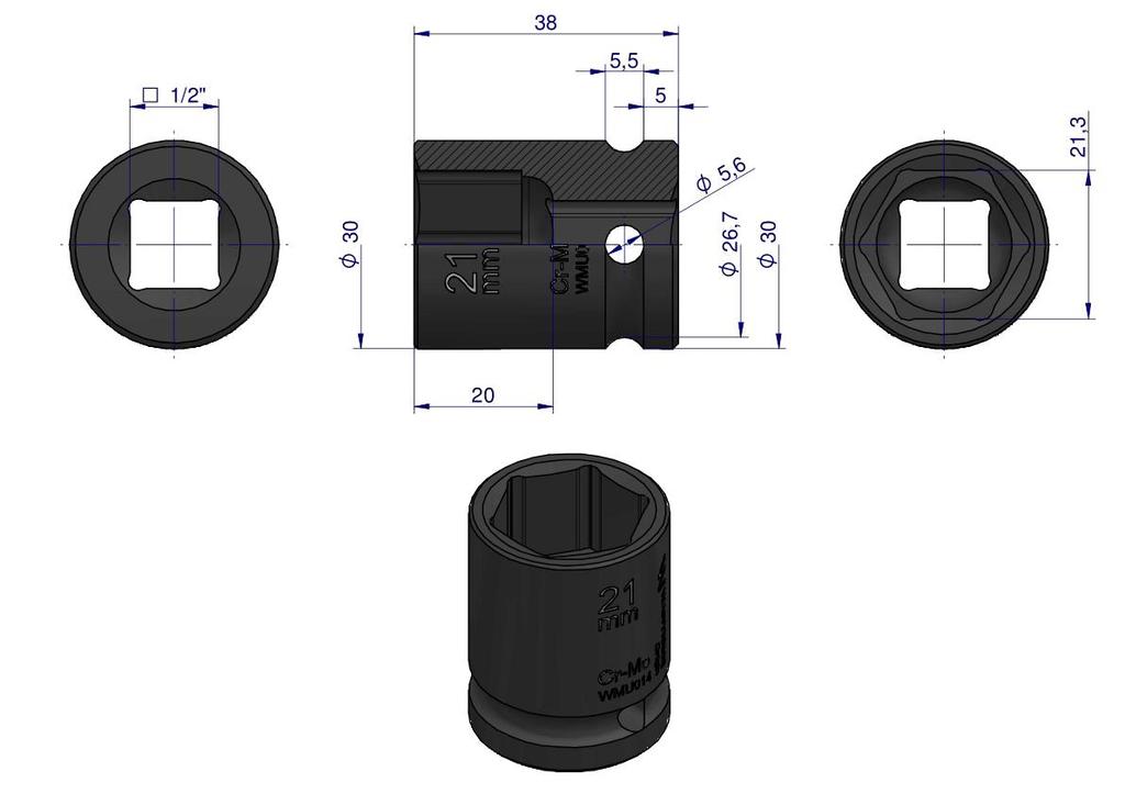 Hexagonal Impact Socket 1/2". 21 Mm. Crmo. Din 3129. Waryński