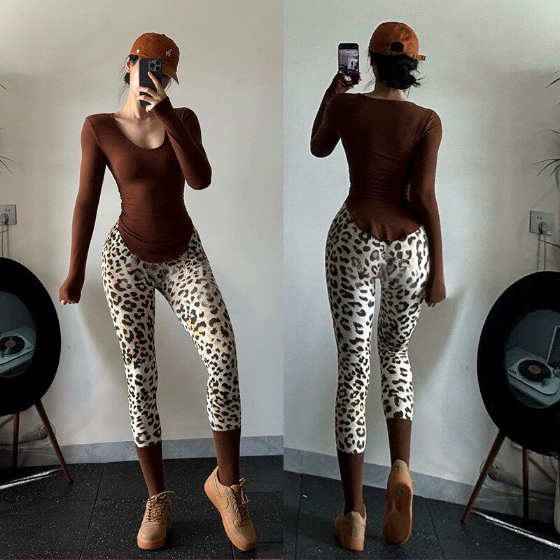 

European and American Sexy Fitness Set for Women, Shockproof Sports Bra, Leopard Print, Stunning Pilates Yoga Outfit, Spring Gold Leopard Print Trousers M