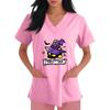 Women's V-Neck Maple Leaf Print Short Sleeve Scrub Top with Pockets and Side Slits