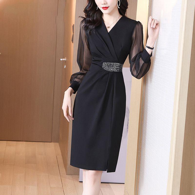 Women's Korean-French Style Slim-Fit Elegant Stylish Bodycon Dress Solid Color Printed V-Neck Long-Sleeve One-Piece Dress
