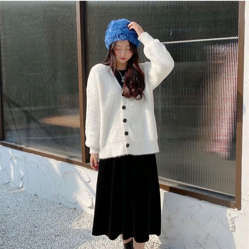 Japanese Style V-Neck Loose Knit Mink Cardigan - Spring/Autumn 2025 Fashion Sweater for Women