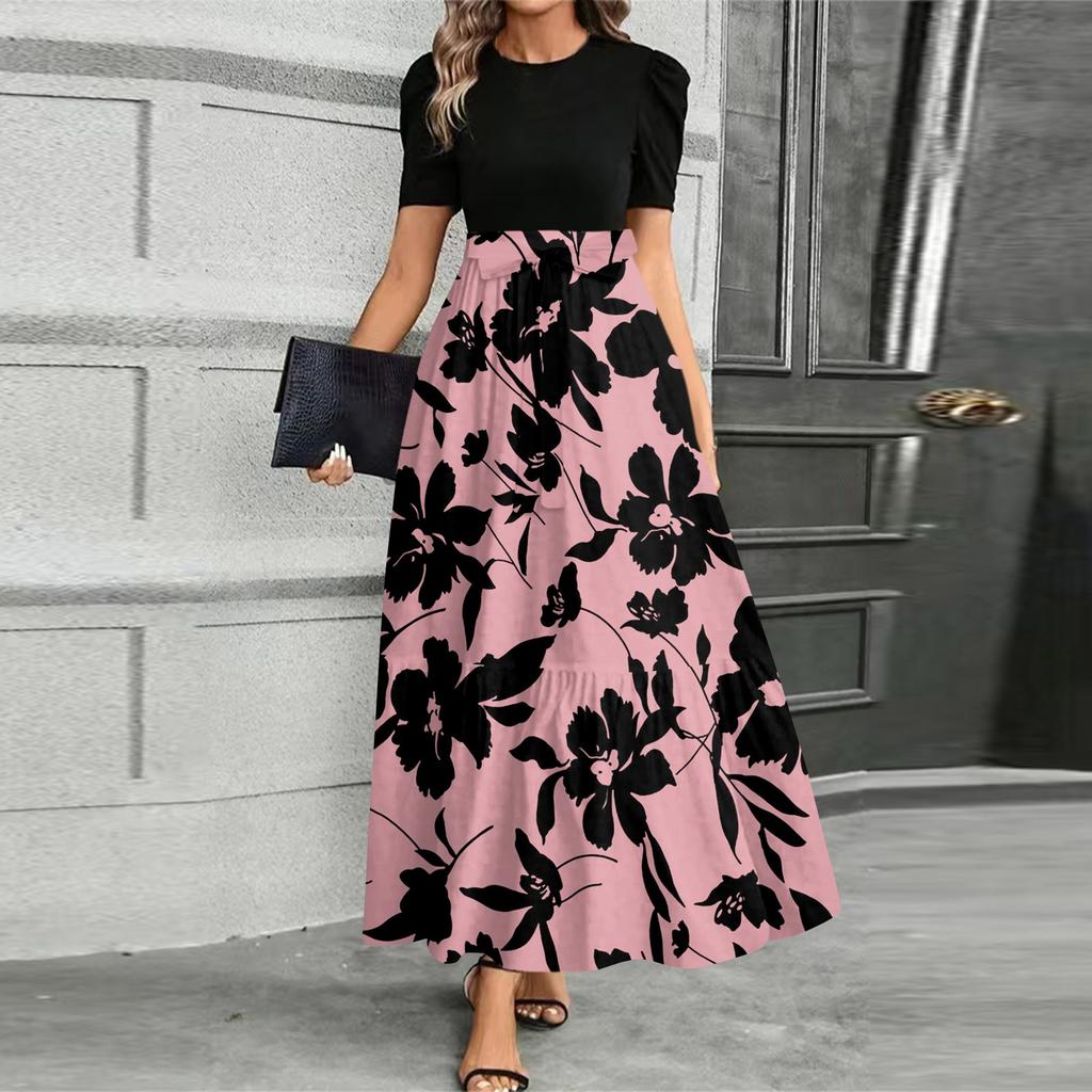 Women's Fashionable Casual Belt Short Sleeved Round Neck Print Elegant Temperament Dress