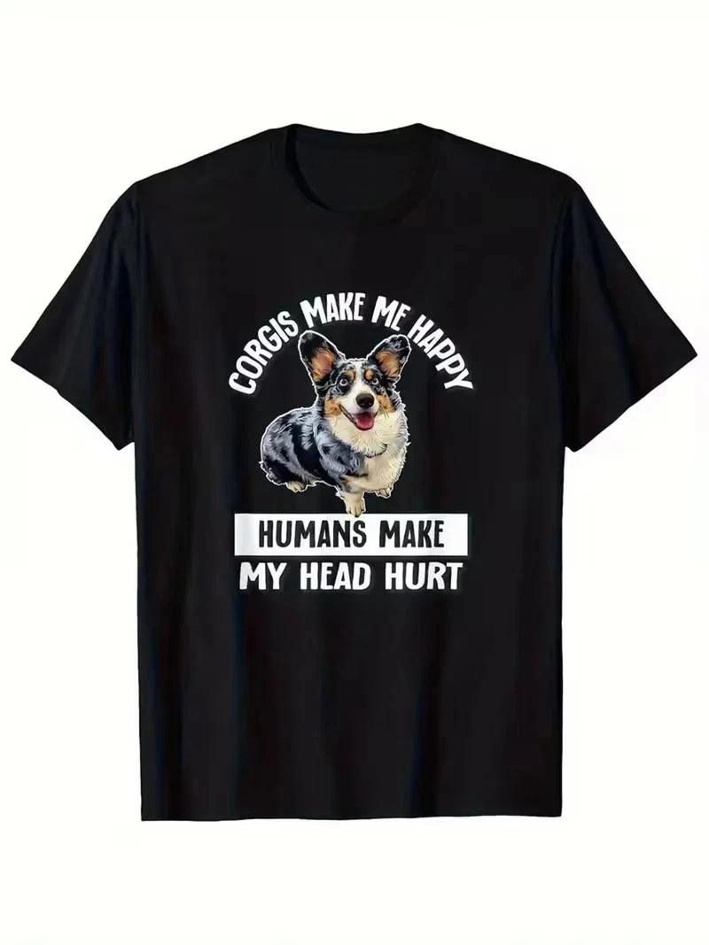 Men s Funny Corgi Dog Lover T-Shirt - My Head Hurts Graphic, Black Casual Cott M