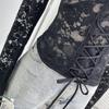 Women's Sexy V-neck Lace Shirt with Lace-up Bowknot and Hollow Long Sleeves
