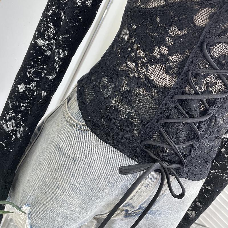 Women's Sexy V-neck Lace Shirt with Lace-up Bowknot and Hollow Long Sleeves