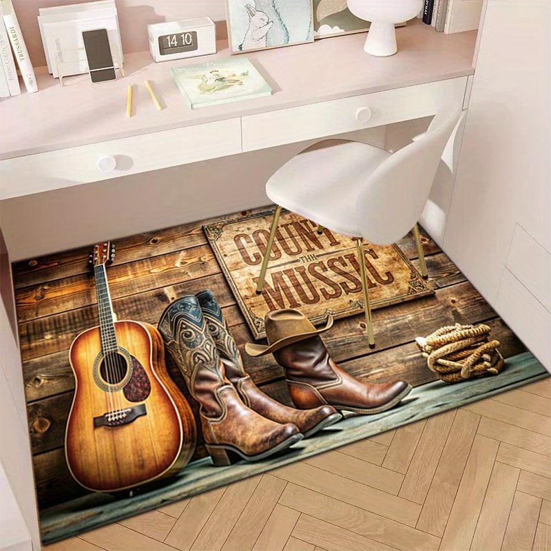 Country Music Guitar & Cowboy Boots Area Rug, Western Wooden Style Non-Slip Floor Mat, Washable Decor Carpet for Music Lovers