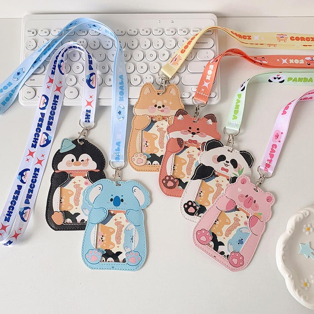 New Cartoon Animal Card Holder With Lanyard Badge Holder Children's Bus Card Case Waterproof PU Leather ID Holdersr