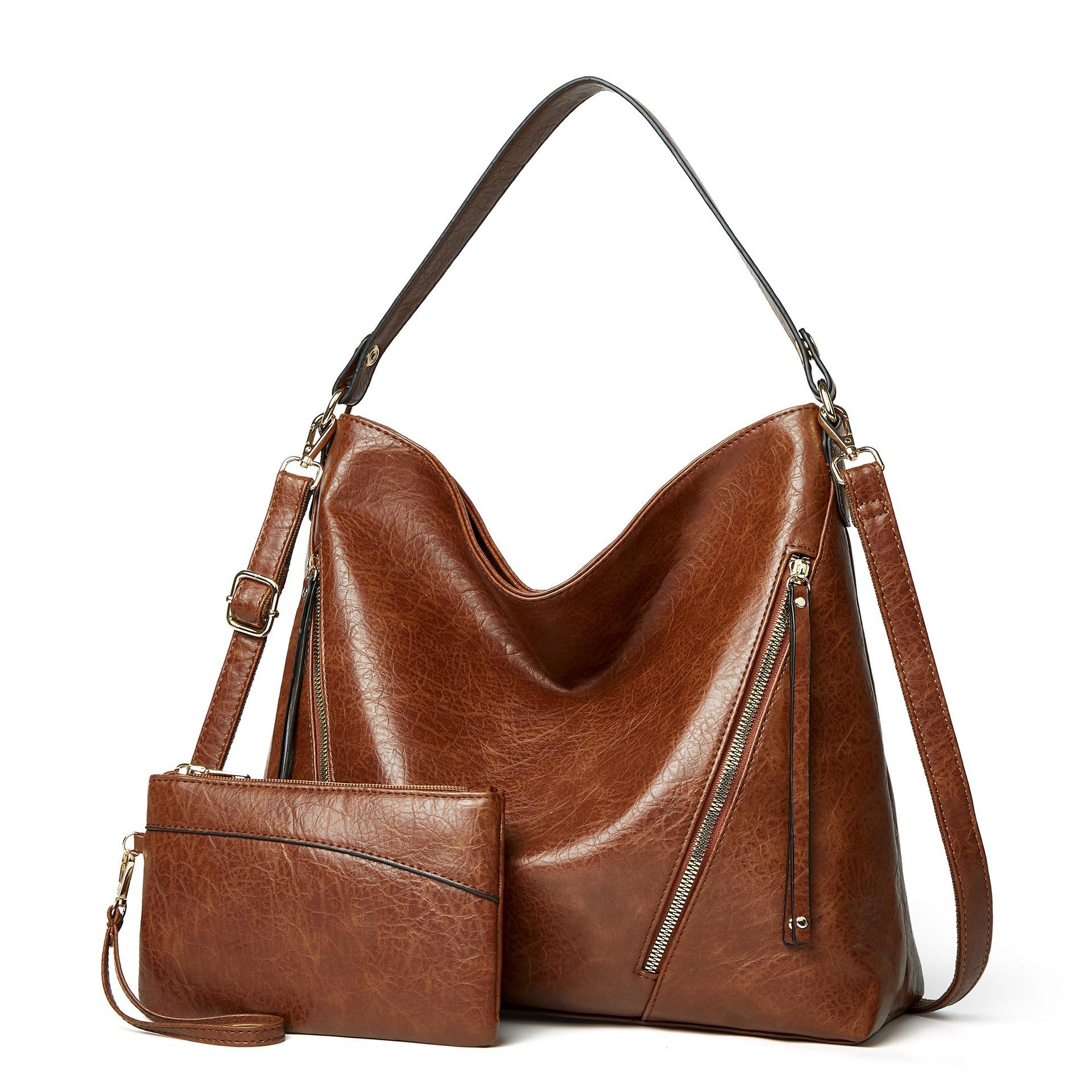 

Vintage Women s Large Capacity Commuter Shoulder Bag Solid Color Soft Tote Crossbody Bag Wide Strap Simple Versatile темно-коричневого