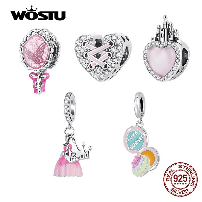 WOSTU 925 Sterling Silver Pink Dress Princess Love Castle Charm Bead Pendant Fit Original Bracelet Necklace For Women Jewelry