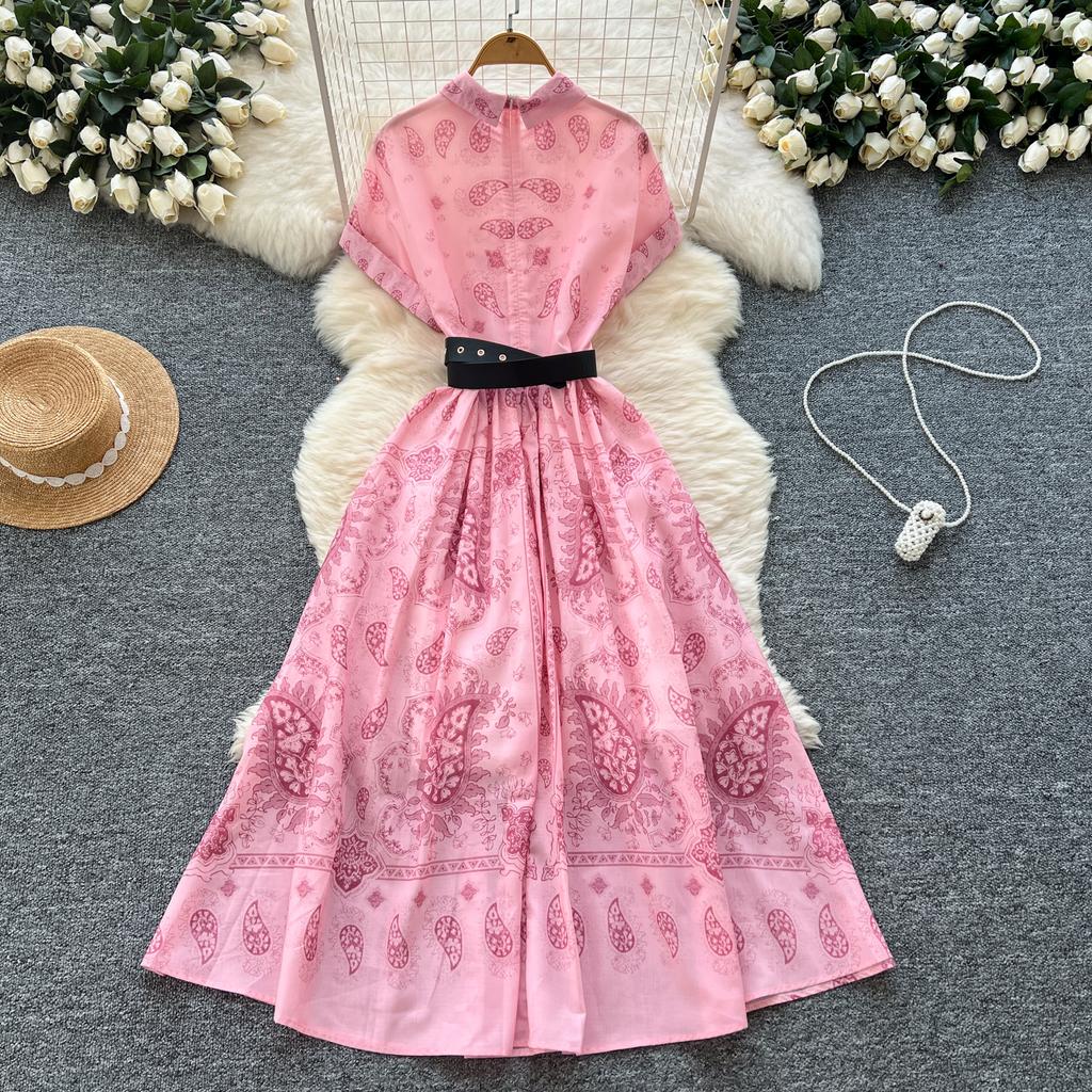 Kobiety Różowa Długa Sukienka Letnia Francuska Retro Krótki Rękaw Drukowane Sukienki Imprezowe Damskie Wąskie A-line Elegancka Długa Suknia Vestidos