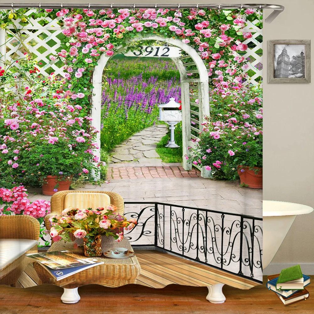 European Flowers Scenery Garden Shower Curtain, Rustic Nature Landscape Path Arch Decor Bath Curtain For Shower Stall Bathroom