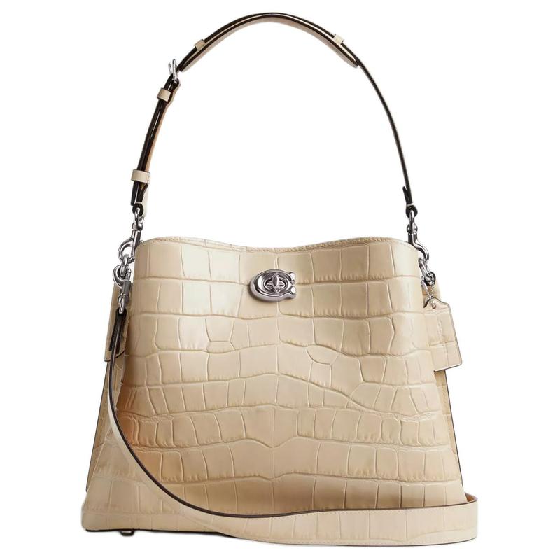 

COACH Willow 32 Logo Silver Metal Hardware Lock Closure Built-in Zipper Bag Leather Shoulder Handbag Large Women s Ivory срібний