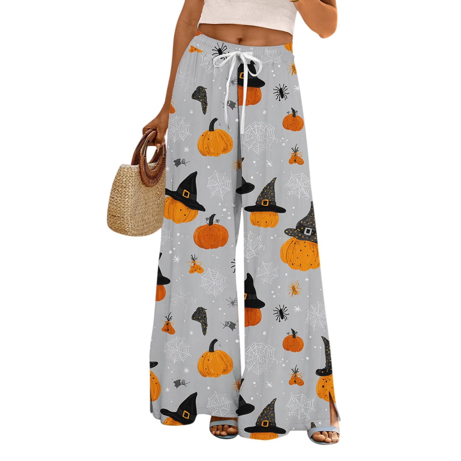 

Женские свободные и повседневные брюки с широкими штанинами с принтом на Хэллоуин, эластичным поясом, кулиской и карманом XL